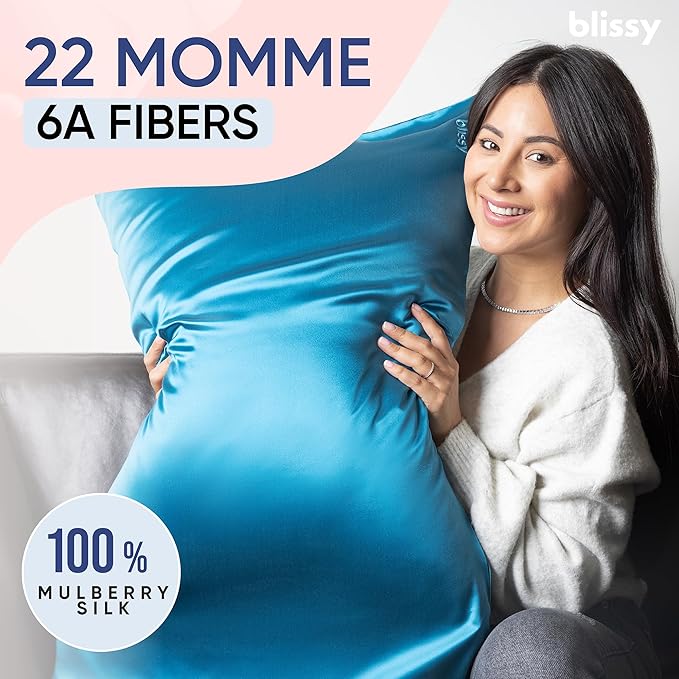 Blissy Silk Pillowcase - 100% Pure Mulberry Silk - 22 Momme 6A High-Grade Fibers - Silk Pillow Cover for Hair & Skin - Regular, Queen & King (Aqua, Standard)