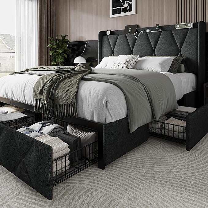Einhomn Queen Bed Frame with 4 Storage Drawers and Charging Station, Upholstered Platform Bed Frame with Storage Headboard, No Box Spring Needed, Easy Assembly, Dark Grey