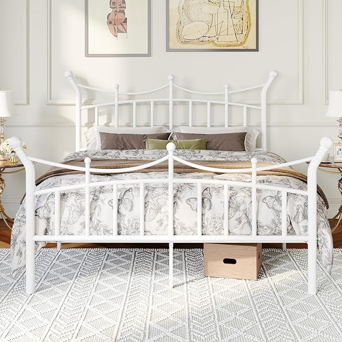 Allewie 14 Inches Full Size Metal Platform Bed Frame with Elegant Crown Iron-Art Headboard & Footboard, Sturdy Mattress Foundation with Under-Bed Storage, Easy Assembly, No Box Spring Needed, White