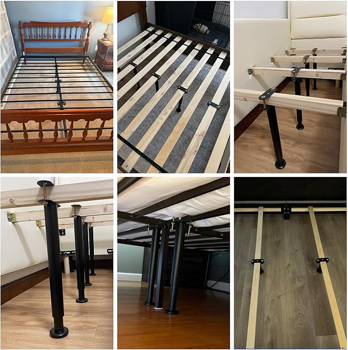 6 Pcs Adjustable Height Bed Support Legs, 6-9 Inch Metal Under Bed Frame Support Legs, Extra Sturdy Bed Legs Replacement Parts with Rubber Non-Slip Base for King Queen Frame Wooden Center Slat