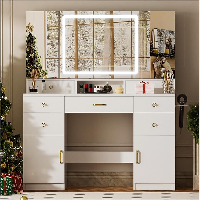COMHOMA Vanity Desk with 3 Way Mirror and Lights, Large Makeup Vanity Table Set with Charging Station, 3 Lighting Modes & 360° View Mirror, 7 Drawers Dressing Table for Women Girls Bedroom, White