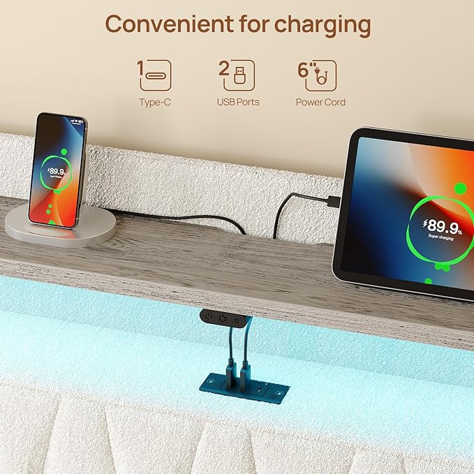 Rolanstar Full Bed Frame with Drawers, Storage Headboard with Charging Station and LED Lights, Upholstered Bed with Heavy Duty Wood Slats, No Box Spring Needed, Noise Free, Easy Assembly, Beige