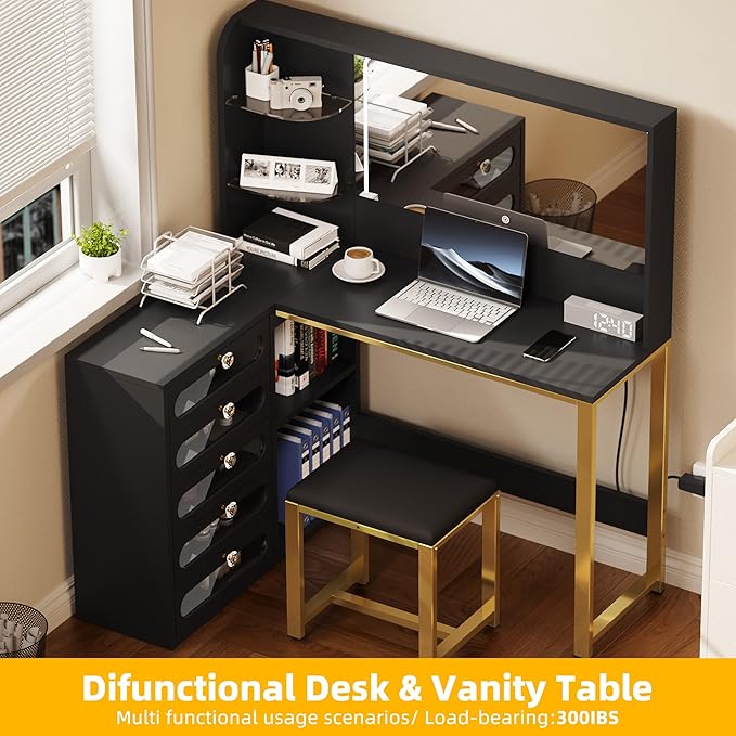 YITAHOME Vanity Desk Set- L Makeup Vanity with Mirror and Lights 3 Lighting Modes, 48" Large Makeup Table with 5 Tempered Glass Drawers with Open Storage Shelves Vanity Table, Black