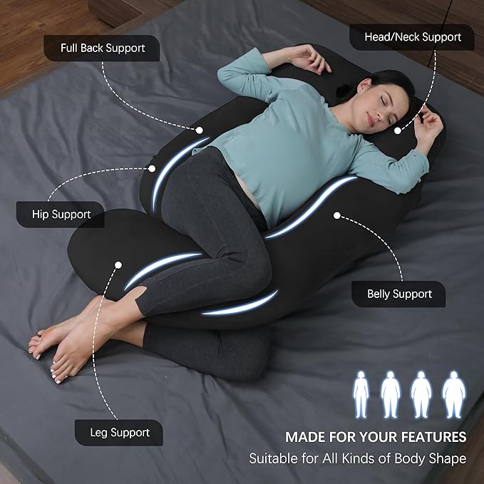 MOON PARK Pregnancy Pillows for Sleeping - U Shaped Full Body Maternity Pillow with Removable Cover - Support for Back, Legs, Belly, Hips - 57 Inch Pregnancy Pillow for Women - Black