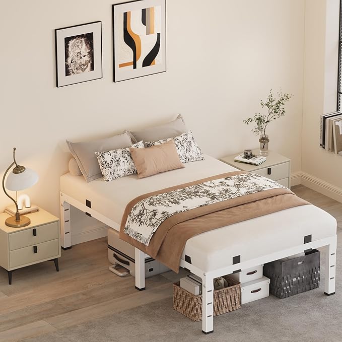 14 Inch Twin Bed Frames, Heavy Duty Metal Platform 3500 lbs Capacity, No Box Spring Needed, 6 Mattress Slide Stopper, Headboard Holes, Noise-Free, Easy Assembly, White