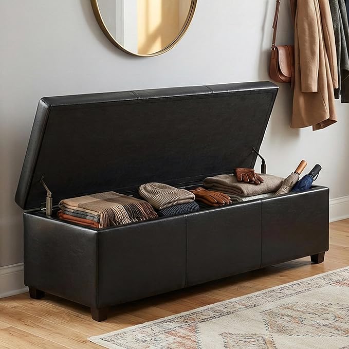 SIMPLIHOME Avalon Extra Large Storage Ottoman Bench - 54 inch Wide Upholstered Vegan Leather Rectangular Lift-Top Ottoman in Midnight Black, Contemporary Bench for Living Room with Hidden Storage