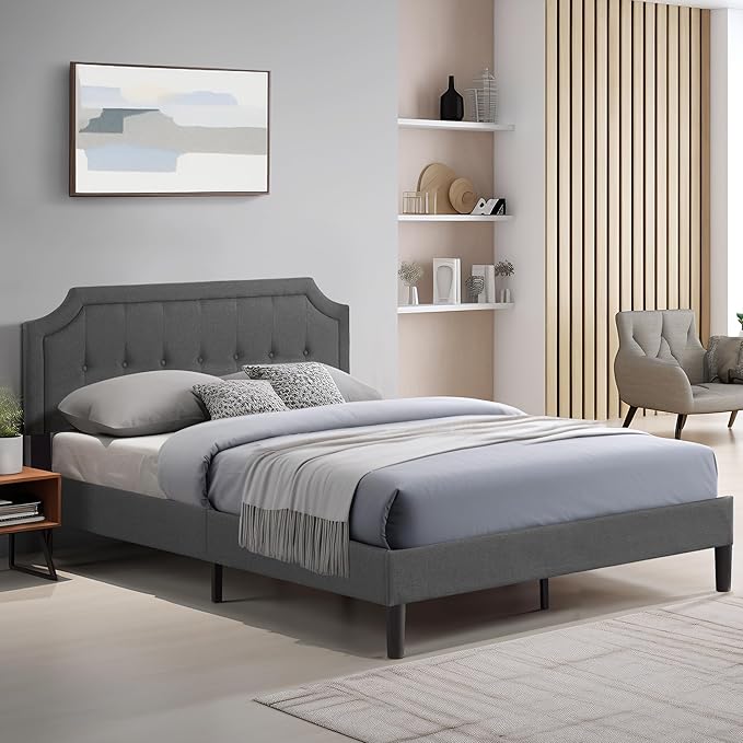 VECELO Full Size Platform Bed Frame with Fabric Upholstered Headboard and Wooden Slats Support, No Box Spring Needed/Easy Assembly,Grey