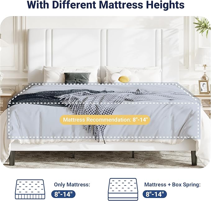 Allewie King Size Platform Bed Frame with Adjustable Headboard, Plush Velvet Upholstered, Vertical Channel Tufted, Sturdy Wooden Slats, No Box Spring Needed, Easy Assembly, White