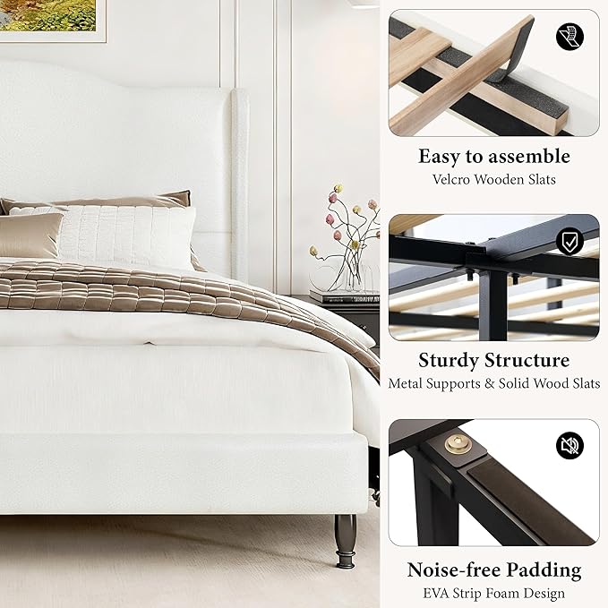 Upholstered Bed Frame with Tall Headboard, Leather Queen Platform Bed Frame with Wingback Sides, Wood Slats Support, Noise-Free Design, No Box Spring Needed, Easy Assembly, White