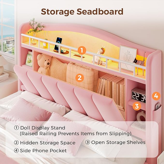 Queen LED Bed Frame with Storage Headboard & 2 Storage Drawers, Princess Velvet Upholstered Bed with Vertical Tufted Headboard Design for Girls, USB & Type-C Charging Ports, Wooden Slats Support, Pink