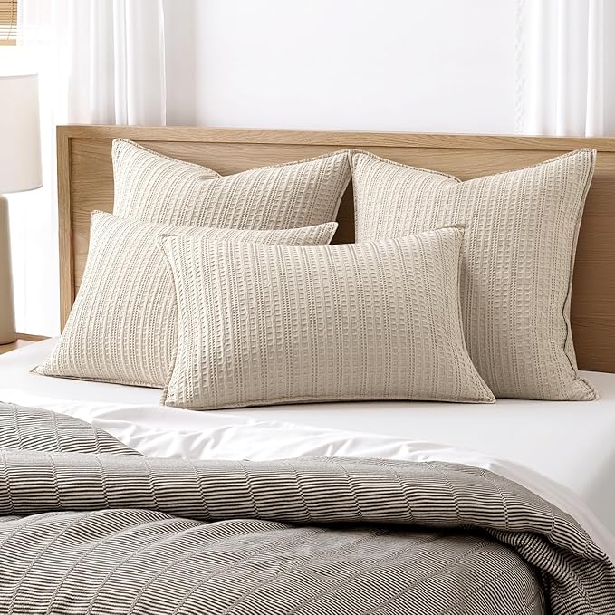 Set of 2 Decorative 100% Cotton Waffle Euro Sham Pillow Covers 26x26, Neutral Throw Pillows Weave European Cushion Cases for Couch Sofa Bed Modern Farmhouse Home Decor, Oatmeal