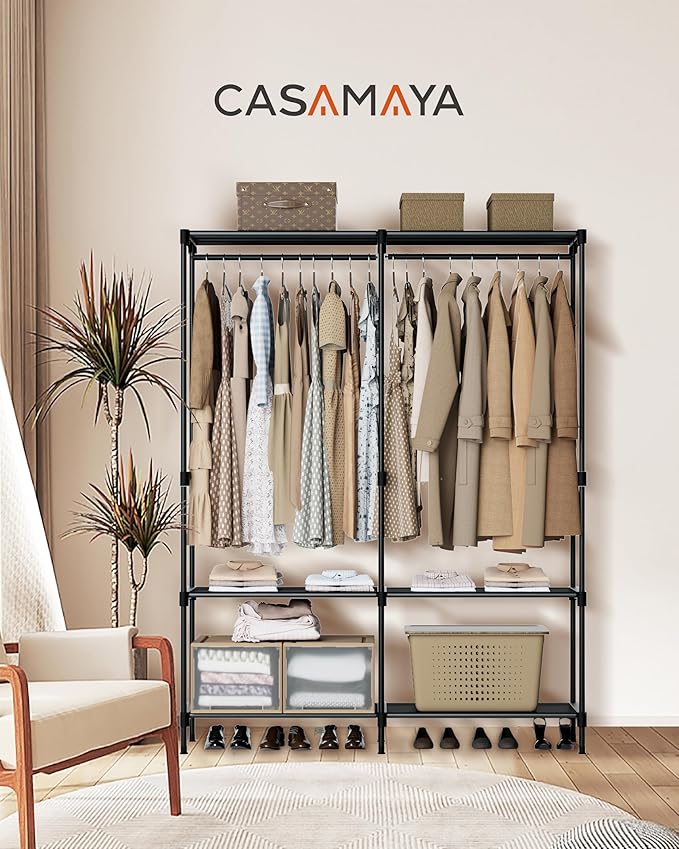 CASAMAYA Clothes Rack, Portable Closet, 54.3 Inch Large Capacity Wardrobe Closet, Clothes Storage Organizer with Shelves and 2 Hanging Rods, Easy to Assembly, Black PCT002B01