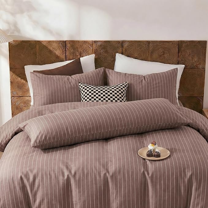 Merryword Brown Striped Pillowcases, 100% Cotton Pillow Cases, Queen Size Pillowcases, Luxury Linen Like Pillowcase, Soft Breathable Pinstripe Pillow Covers, Set of 2