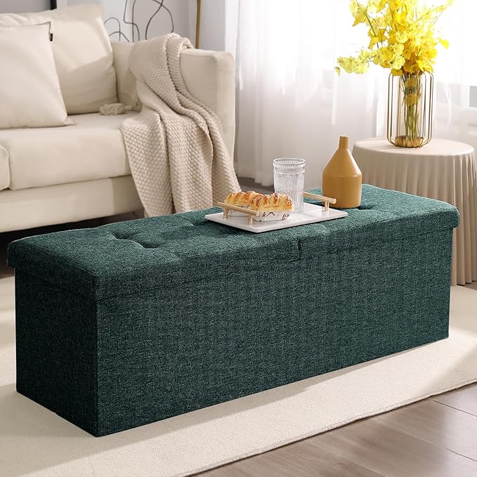 45.3 Inches Ottoman Bench - Foldable Seat, Footrest, Shoe Bench, End of Bed Storage With Flipping Lid, 166L Space, Linen Fabric Emerald