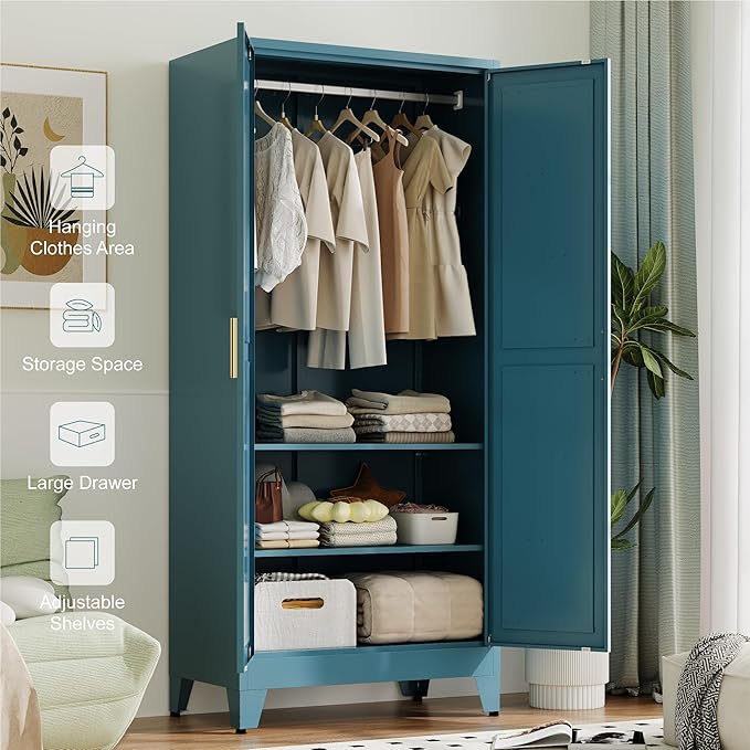 Baborokic Metal Armoire Wardrobe Closet with Hanging Rod,71H Metal Cabinet with Doors and Shelves,Bedroom Armoire Closet Organizers,Storage Cabinets for Bedroom,Office,Laundry Room(Blue)