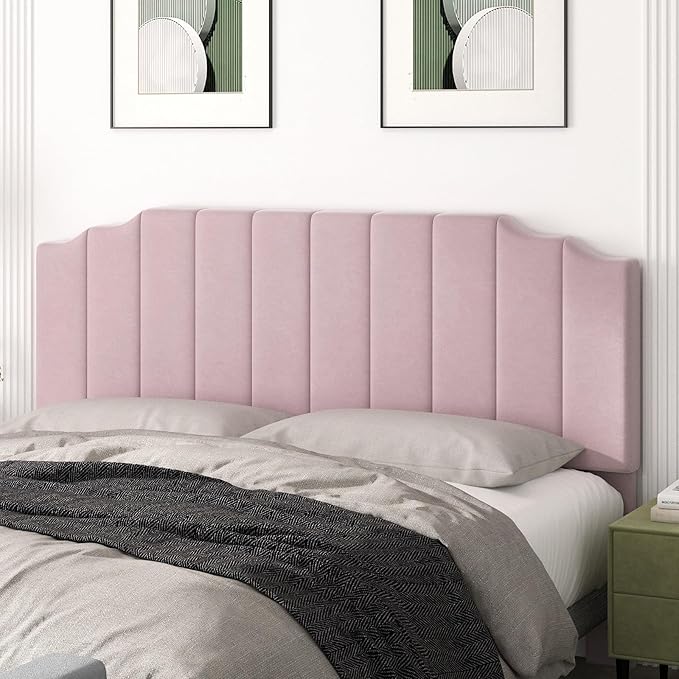 Befurtori King Size Headboard Only, Velvet Wall Mounted Headboard King for Adjustable Bed Modern Upholstered Head Board Easy Assembly, Pink