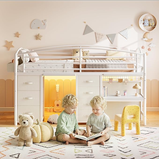 Low Loft Bed Twin Size with 7 Storage Drawers, Desk and LED Lights, Heavy Duty Metal Kids Loft Bed with 12" H Safety Guardrail, Anti-Collision Pad, Private Play Curtain, Under-Bed Play Space - White