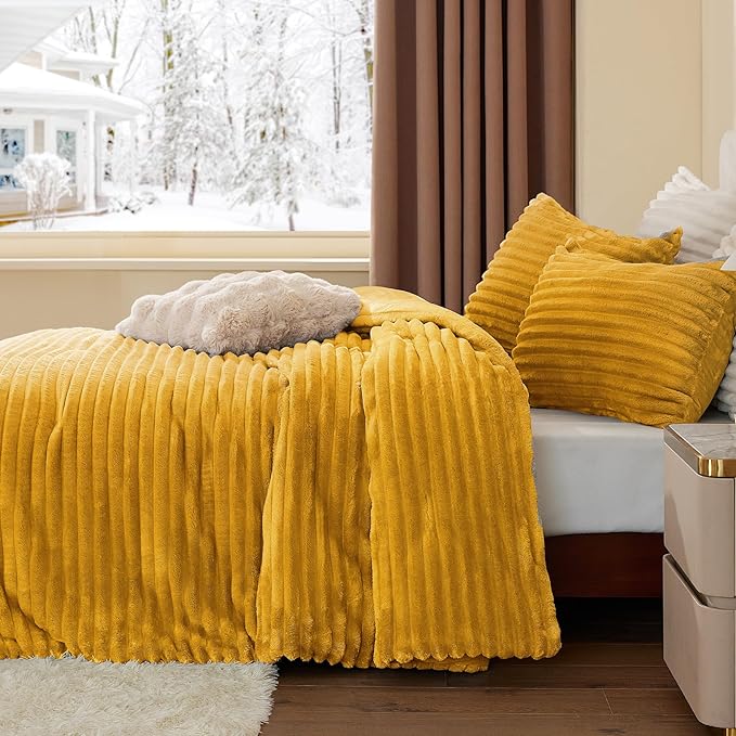 BEDELITE Fleece Full Comforter Set -Super Soft & Warm Fluffy Mustard Yellow Bedding, Luxury Fuzzy Heavy Bed Set for Winter with 2 Pillow Cases