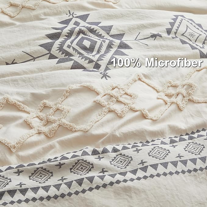 Oli Anderson Boho Duvet Cover Set Queen Size, Beige and Gray Color Clash 3 Pieces Microfiber Bedding Set, Durable and Super Soft Duvet Covers with Zipper and Ties, 90"*90"