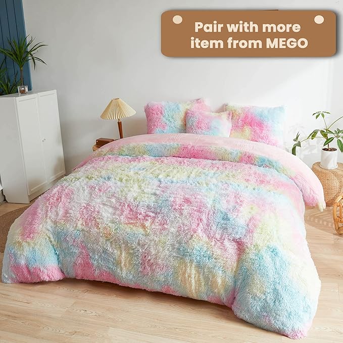 MEGO Rainbow Print Fluffy Body Pillow Cover, 20x54 Shaggy Faux Fur Body Pillow Case, Tie Dye Soft Plush Fuzzy Body Pillowcase, Furry Long Bed Pillow with Zipper for Kids Girls Children Women Rainbow