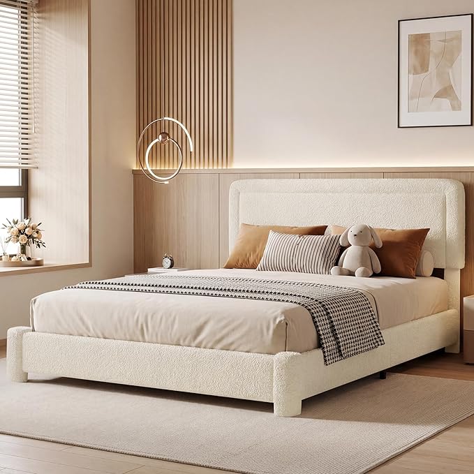 Full Size Bed Frame, Boucle Bed Frame with Adjustable Headboard, Modern Upholstered Platform Bed with Wood Slats, Soft Rounded Corners, No Box Spring Required, Noise-free, Easy Assembly, Light Beige
