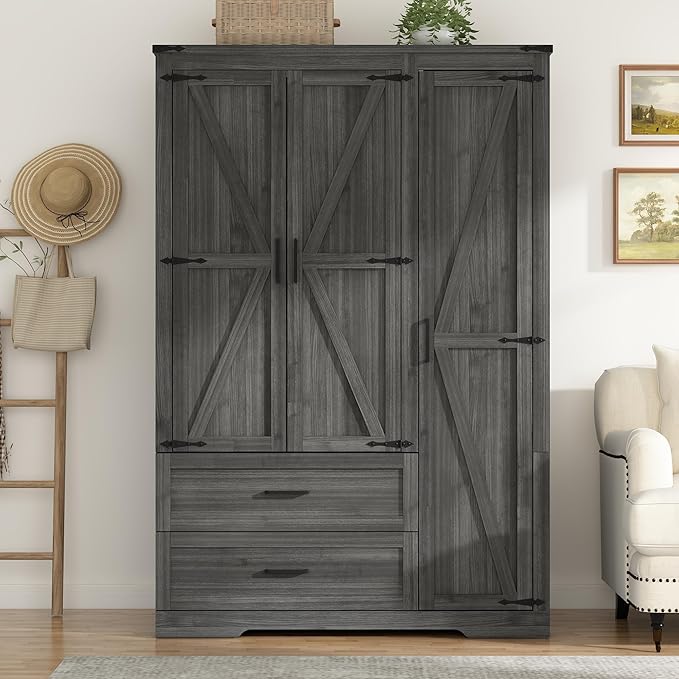 St.Mandyu Farmhouse Wardrobe Armoire Closet with 3 Doors and 2 Drawers, 70.1" Wooden Clothing Storage Cabinet, Freestanding Large Capacity Storage Wardrobe Armoire with Hanging Rod for Bedroom, Grey