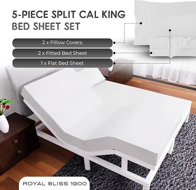 Royal Bliss Split Sheets - 5Pc Set - Easy Fit California King Size - Adjustable Bed Compatible (White)