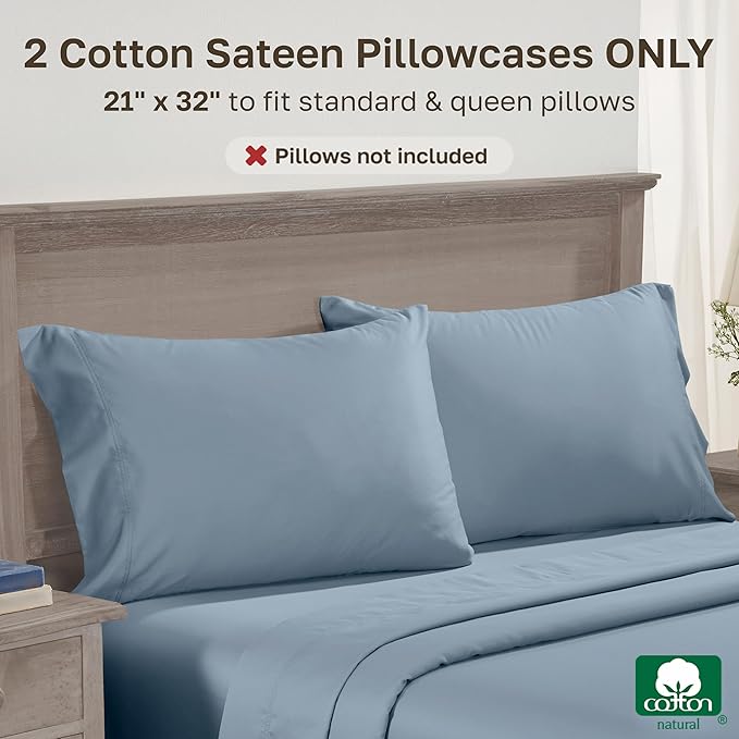Luxuriously Soft Premium 600 Thread Count, 100% Cotton Set of 2 Cases, Crisp Standard Pillow Cases Set of 2 Fits Standard & Queen Pillows (Pastel Blue)