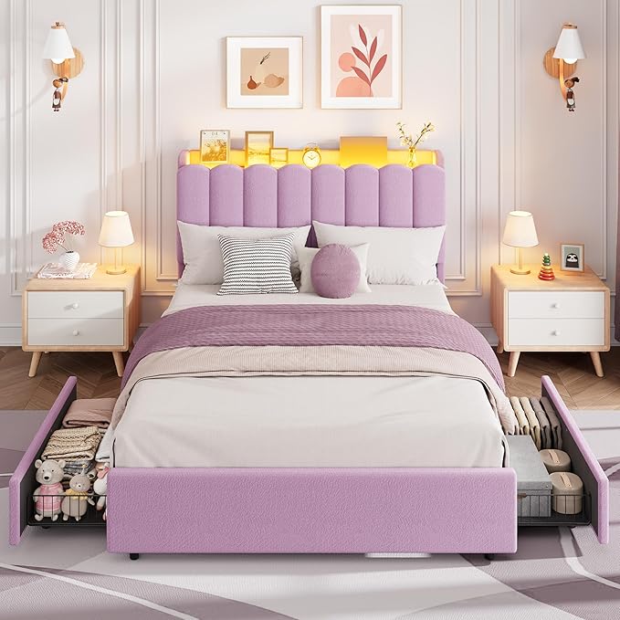 Garvee LED Full Size Bed Frame with Storage Headboard, Kids Bed Frame with 2 Drawers, Boucle Upholstered Platform Bed for Girls, Chic Wavy Headboard with Bookcase, No Box Spring Needed, Purple