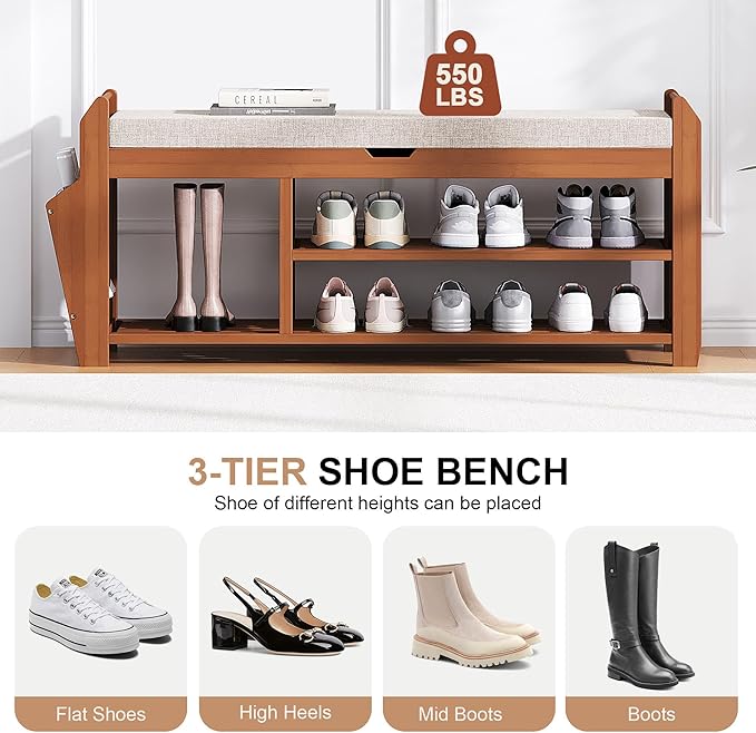 PETKABOO 39.4" Bamboo Shoe Rack Bench with Coat Rack, 3-Tier Entryway Bench with Thick Cushion, Flip-Top & Side Baskets, Holds Up to 550 LBS for Hallway, Living Room, Bedroom