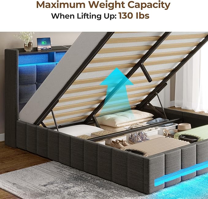 Rolanstar Bed Frame Full Size with Lift Up Storage, Charging Station & LED Lights, Upholstered Storage Headboard, Heavy Duty Wooden Slats, No Box Spring Needed, Noise Free, Easy Assembly, Dark Grey