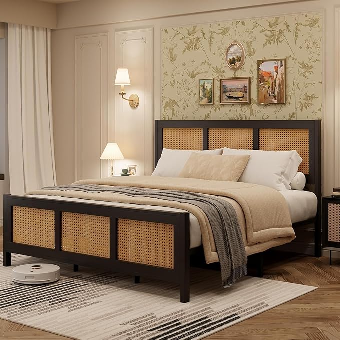 GarveeHome Queen Size Rattan Bed Frame with Headboard, Black Boho Cane Platform Bed Frame with Strong Metal Slat, Noise Free, No Box Spring Needed