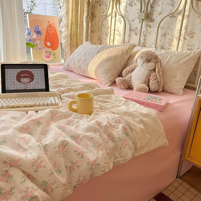 mixinni Vintage Floral Duvet Cover Set - 3 Piece Twin XL Size Pink Cottagecore Bedding with Lace Trim, Shabby Chic Bedding Set, Includes 1 Duvet Cover & 2 Pillowcases, Boho Aesthetic for Girls & Dorms