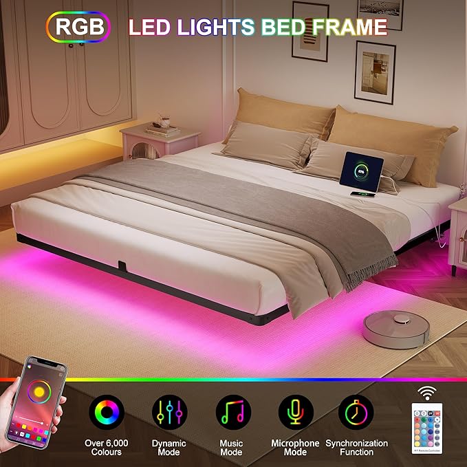 Decofy King Size Floating Bed Frame with LED Lights and Charging Station, Modern Minimalist Design, No Spring Mattress Required, Easy to Assemble