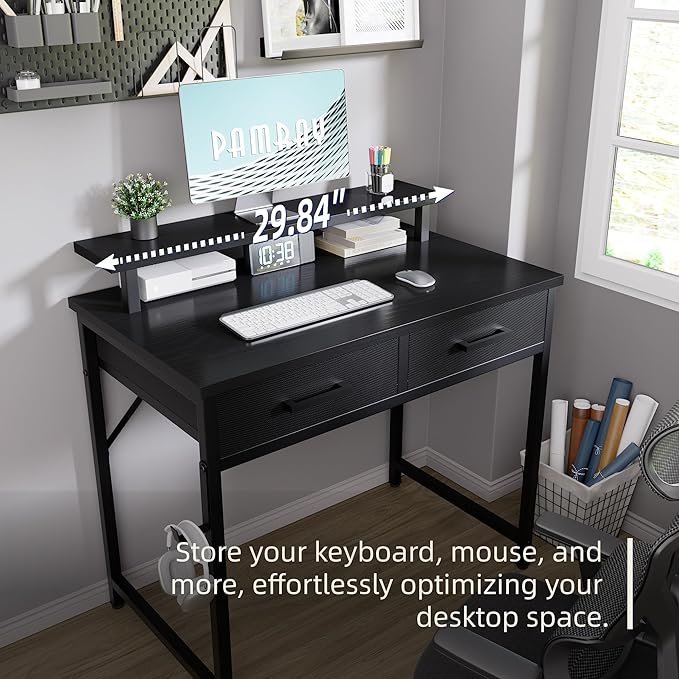 Pamray 32 Inch Small Computer Desk with Monitor Stand Home Office Desks with 2 Drawers for Bedroom Study Writing and Work Table for Small Spaces Brown