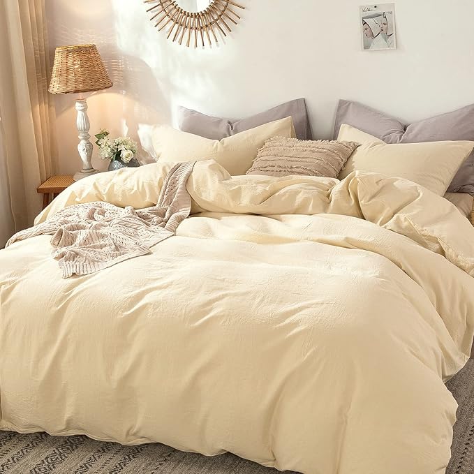 MooMee Bedding Duvet Cover Set 100% Washed Cotton Linen Like Textured Breathable Durable Soft Comfy (Heathered Light Yellow, King 104"x90")