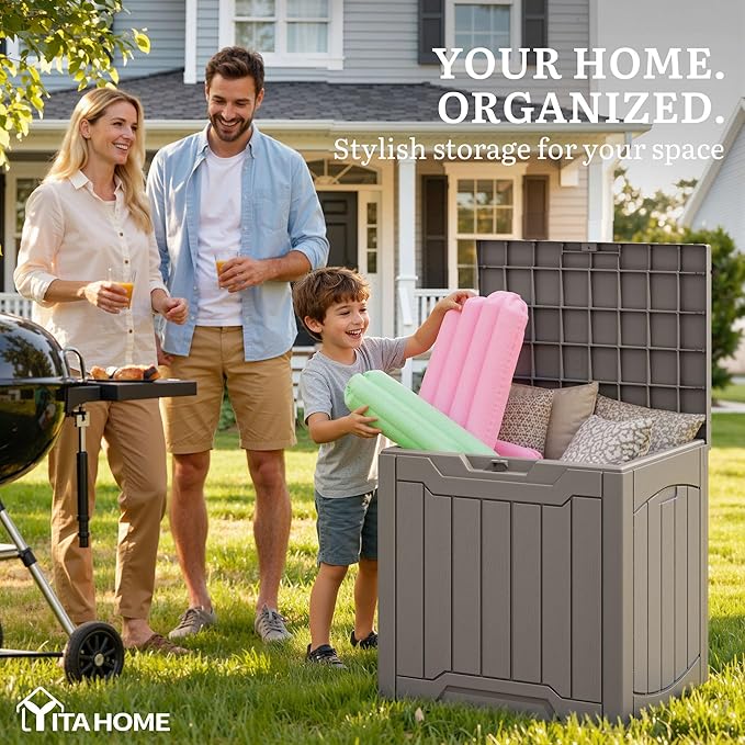 YITAHOME Outdoor Resin Storage Box 31 Gal, Water-resistant Patio Deck Box Outdoor Storage Box for Pillows, Garden Equipment, Securely Lockable, Light Brown