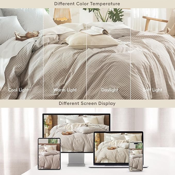 MooMee Gingham Duvet Cover Set 100% Washed Cotton Linen Like Textured Breathable Durable Soft Comfy Modern Checkered Design (Mini Gingham Tannish Linen Grey, Cal King 104"x98")