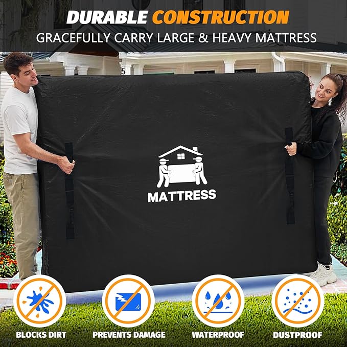 Mattress Bags for Moving, BETU Mattress Protector Waterproof Mattress Cover Crib Size Storage Bags with 8 Heavy-Duty Handles and Zipper for Bed Extra Thick Large Reusable (52"x28"x6.5" Black)