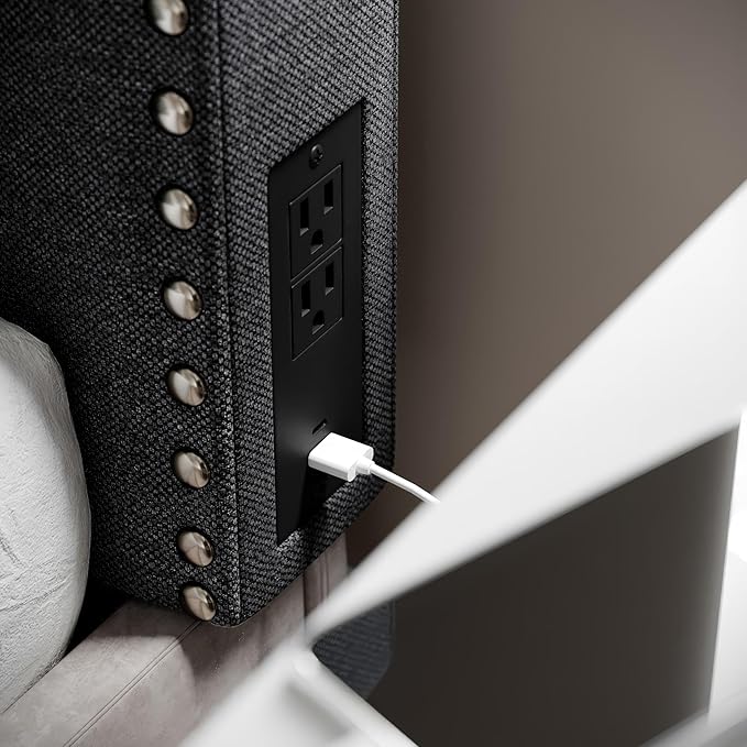 Flash Furniture Adeline Twin Headboard with 2 Outlets, USB Port, USB Type-C Port, Contoured Headboard, Studded Faux Linen Upholstery, Dual Hanging Options, Gray