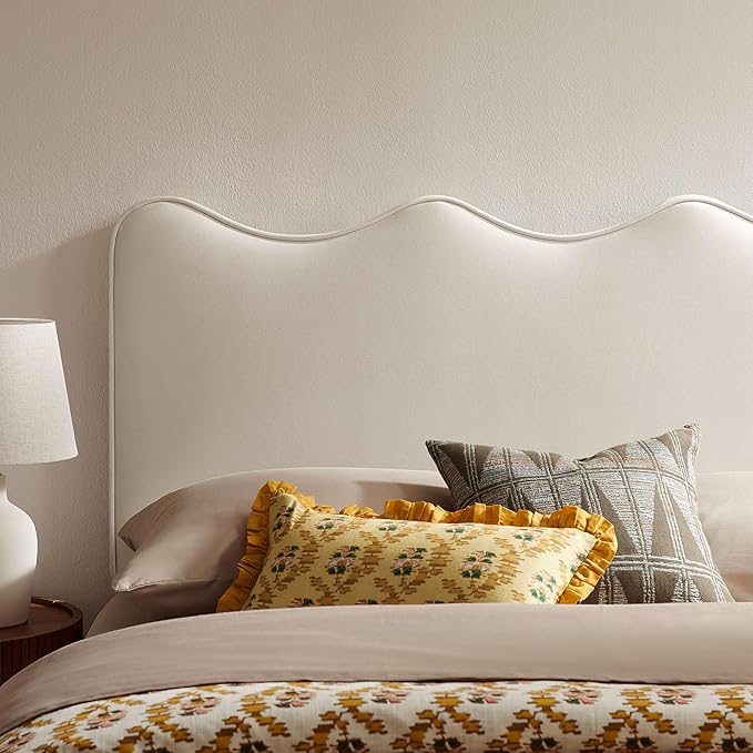 Monday Athena Full Size Performance Velvet Adjustable Headboard in Alabaster - with Scalloped Wave Design and Stain-Resistant Velvet Upholstery