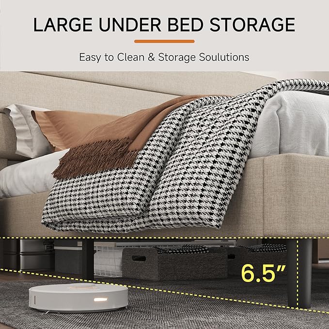 Full Platform Bed Frame with Adjustable Linen Fabric Upholstered Headboard, Strong Slats Support, Noise-Free, No Box Spring Required, Easy Assembly for Bedroom Guest Room, Beige