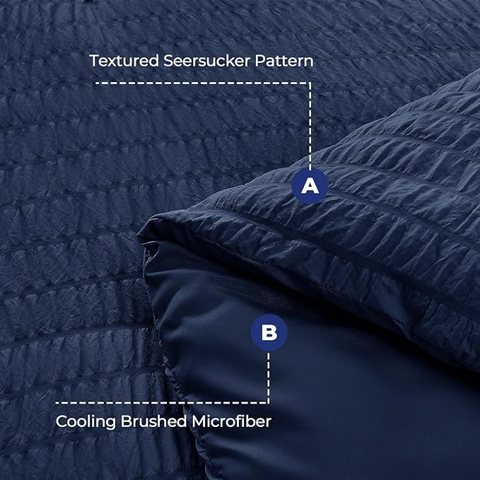 HYMOKEGE Navy Blue Duvet Cover King Size, Ultra Soft 3-Piece Seersucker Duvet Cover Set with Zipper Closure, Soft Brushed Microfiber Bedding Set with 8 Corner Ties (104"x90", 2 Pillowshams)