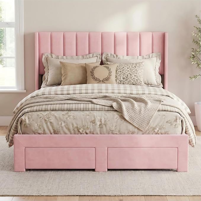 Garvee Full Size Bed Frame, Velvet Upholstered Bed Frame with Wingback Headboard, 2 Storage Drawers, No Box Spring Needed, Pink