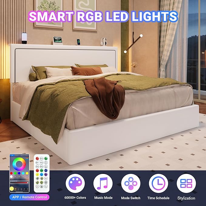 Allewie King Size Lift Up Storage Bed Frame with Charging Station & LED Lights, Adjustable Velvet Upholstered Storage Headboard, Type-C & USB Ports, Hydraulic Support, No Box Spring Needed, White