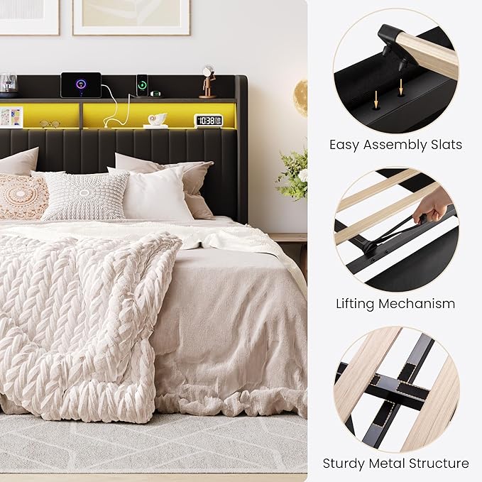 SHA CERLIN Full Size Lift Up Storage Bed Frame/LED Lights/Charging Station/2-Tier Shelves Headboard/USB,Type-C Ports/Velvet Upholstered/Hydraulic Support/No Box Spring Needed/Noise Free/Black
