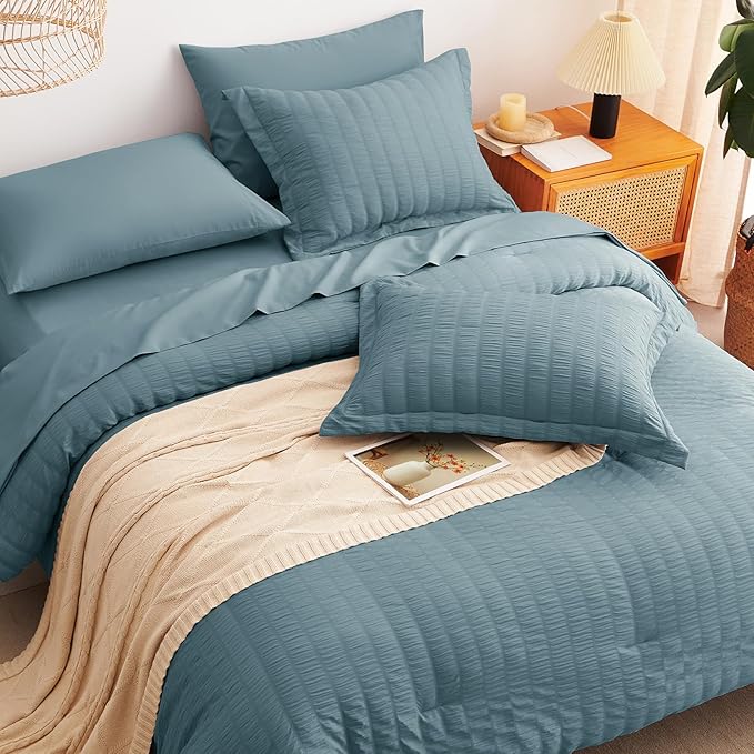 CozyLux Oversized King Comforter Set Mineral Blue Seersucker 7 Pieces 120x98 Bed in a Bag Comforter Set with Sheets, Luxury Bedding Sets with Down Alternative Comforter, Sheets, Pillowcases & Shams
