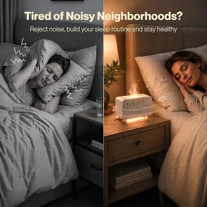 White Noise Machine with 8 Mixable Nature Sounds, Flame Light & Aroma Diffuser – Desktop Sound Machine for Sleep, Office, Yoga & Meditation, with Timer, Bluetooth & USB Power