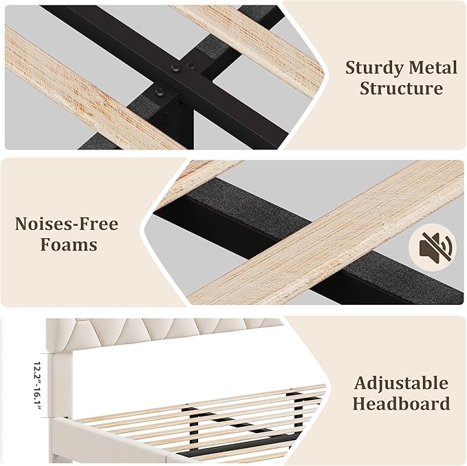 GarveeHome Beige King Bed Frame with Upholstered Headboard, Heavy-Duty Platform Bed Frame with Adjustable Headboard, Strong Wood Slat Support/No Box Spring Needed/Noise Free