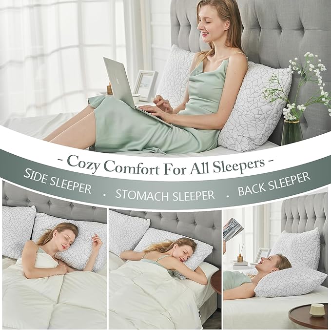 BPC Premium Rayon Derived from Bamboo Firm Pillows Queen Size Set of 2 - Hypoallergenic Shredded Memory Foam Pillows with Removable Cover Bed Pillows for Side Stomach and Back Sleepers, CertiPUR-US